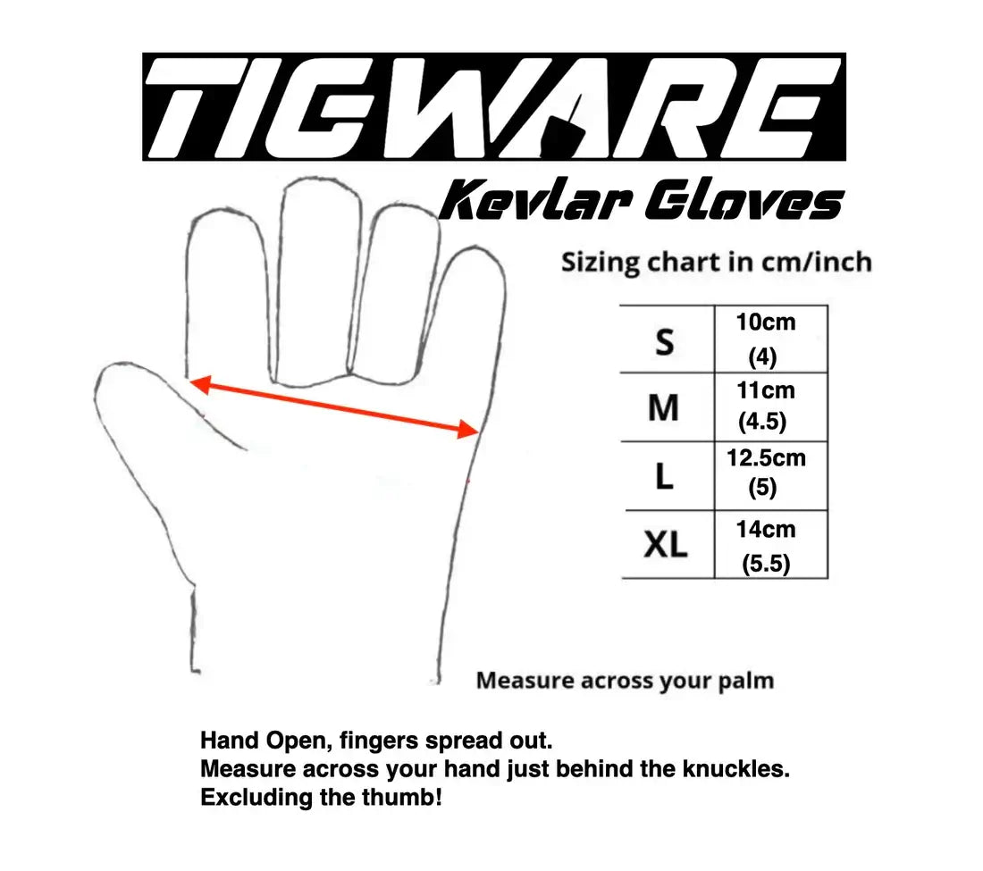 Sizing chart for TIGWARE Kevlar gloves showing measurements in cm/inch for accurate fitting.