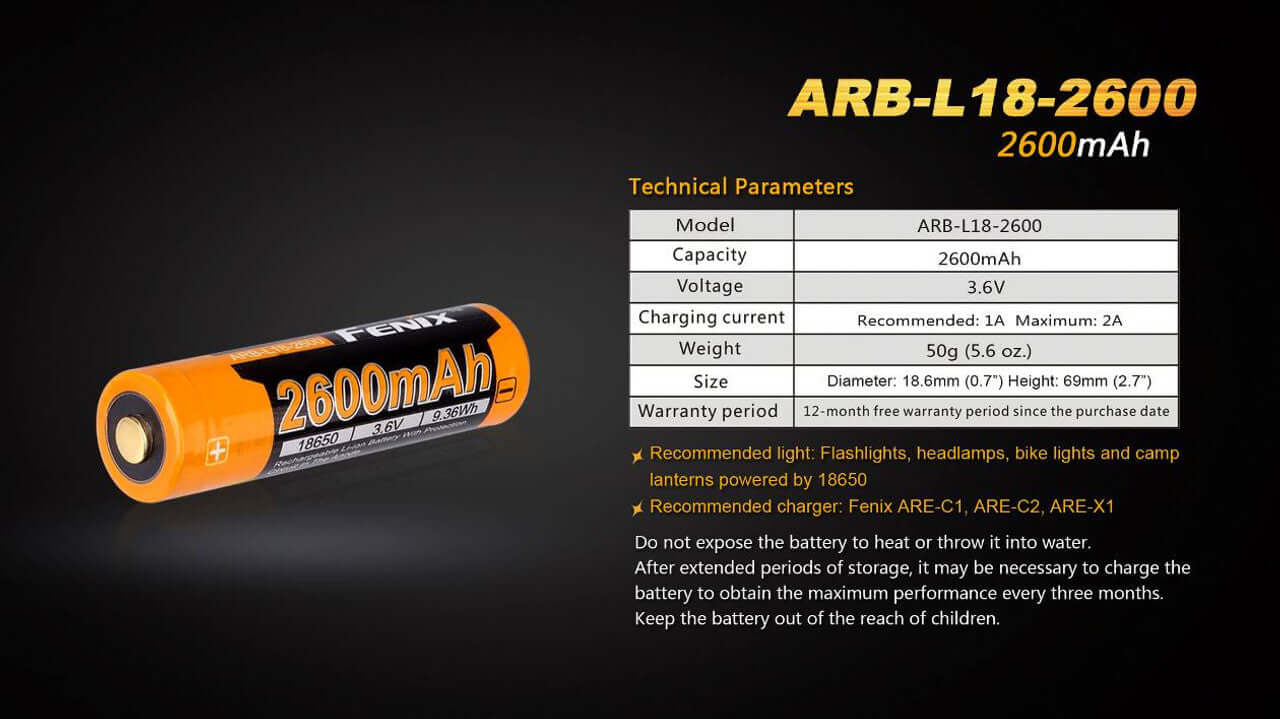 Fenix ARB-L18-2600 rechargeable 18650 battery with 2600mAh capacity and technical specifications.