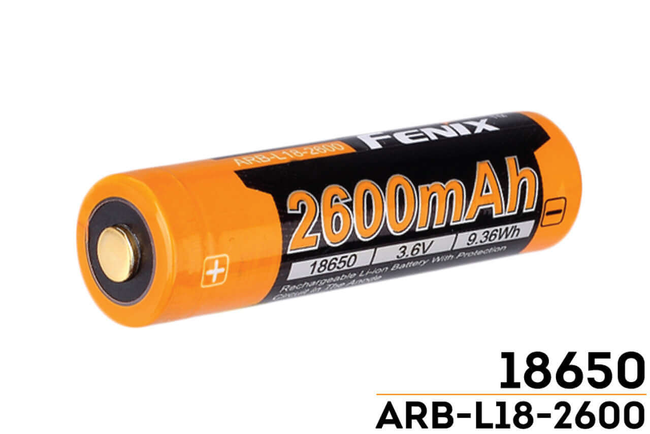 Fenix ARB-L18-2600 18650 rechargeable battery 2600mAh with safety features and button-top design.
