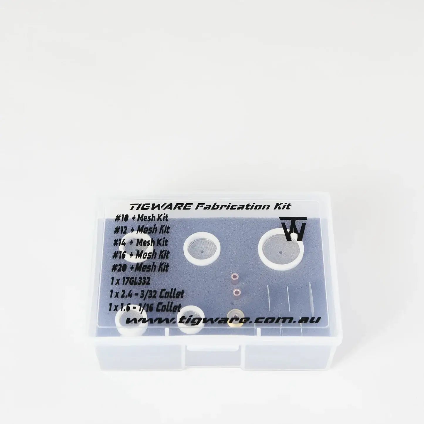 TIGWARE Teflon Fabrication Kit with components for welding, including mesh kits and collets in a clear storage case.