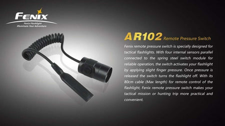 Fenix AER-01 remote pressure switch with coiled cable for tactical flashlights, highlighting reliable operation and activation ease.