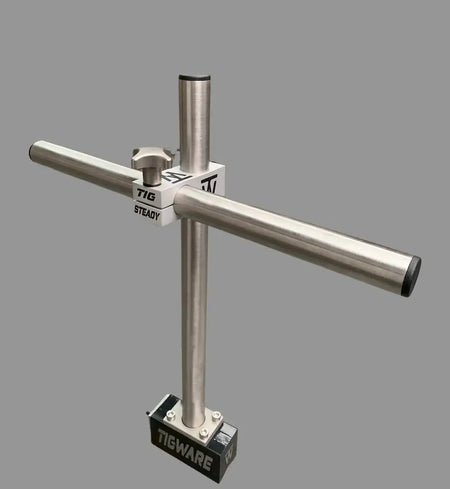 TIGWARE TIG Steady welding support with stainless steel components and strong magnetic base for stability.