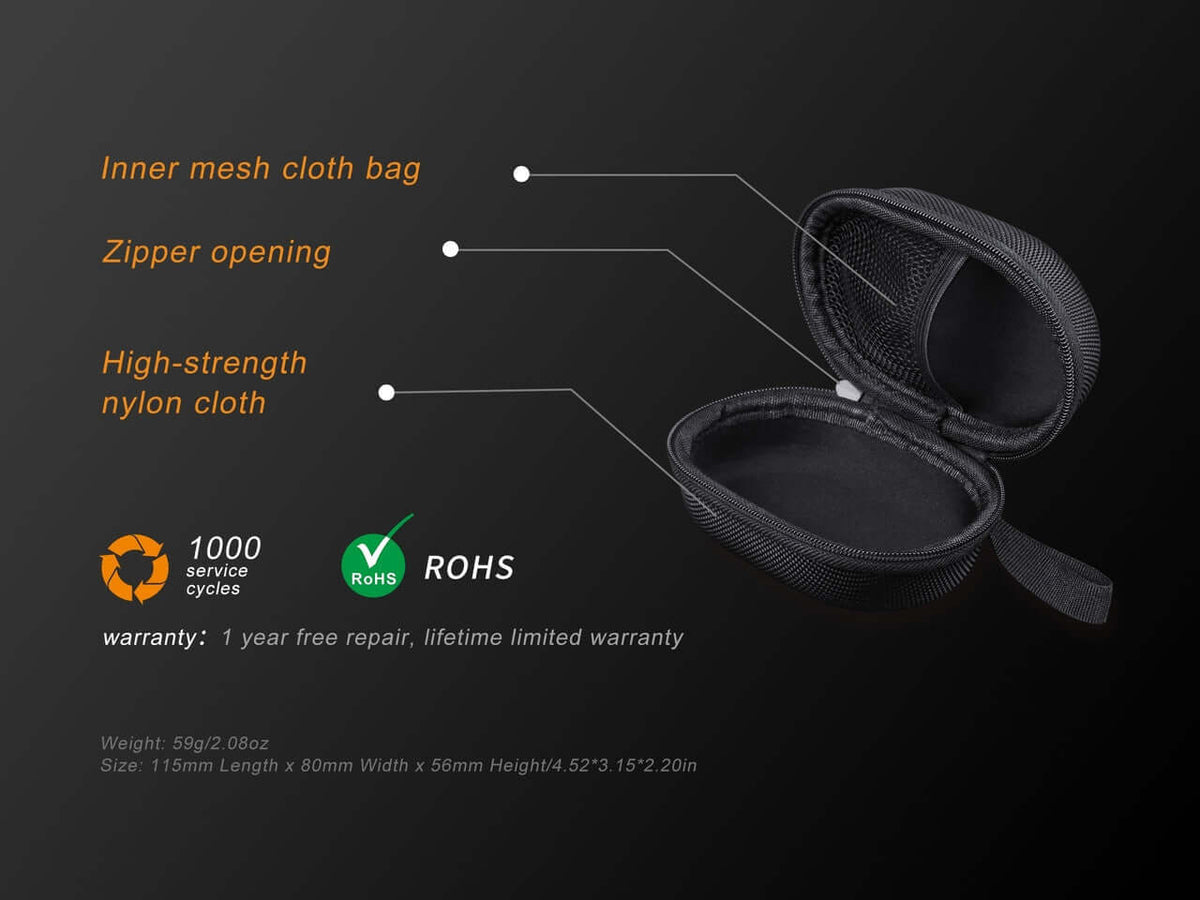 Fenix APB-20 headlamp storage bag features durable nylon, inner mesh lining, and zipper opening for secure accessory storage.