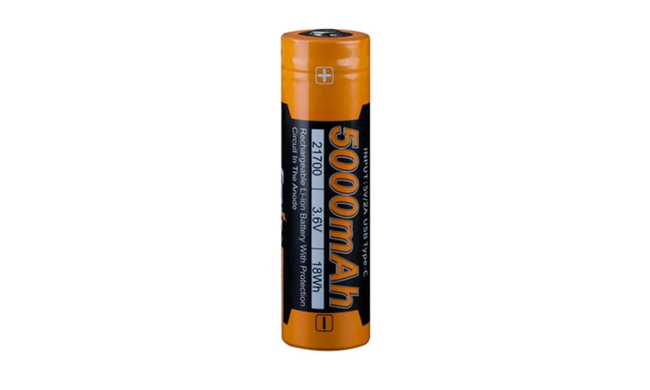 Fenix ARB-L21-5000U USB-rechargeable 5000mAh 21700 Li-ion battery with specifications.