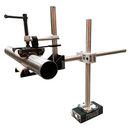 GRIPPA work holding tool for intake and exhaust systems, securing round tubing from 2" to 4" with an elevated position.