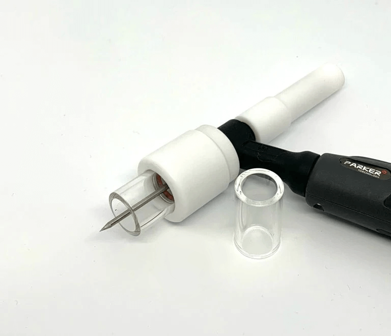 AC/DC-150 #8 Quartz Cup/Nozzle Kit with Titanium clips for TIG welding, ideal for tight spaces, ergonomic design.