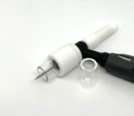 AC/DC-150 #8 Quartz Cup/Nozzle Kit with Titanium clips for TIG welding, ideal for tight spaces, ergonomic design.