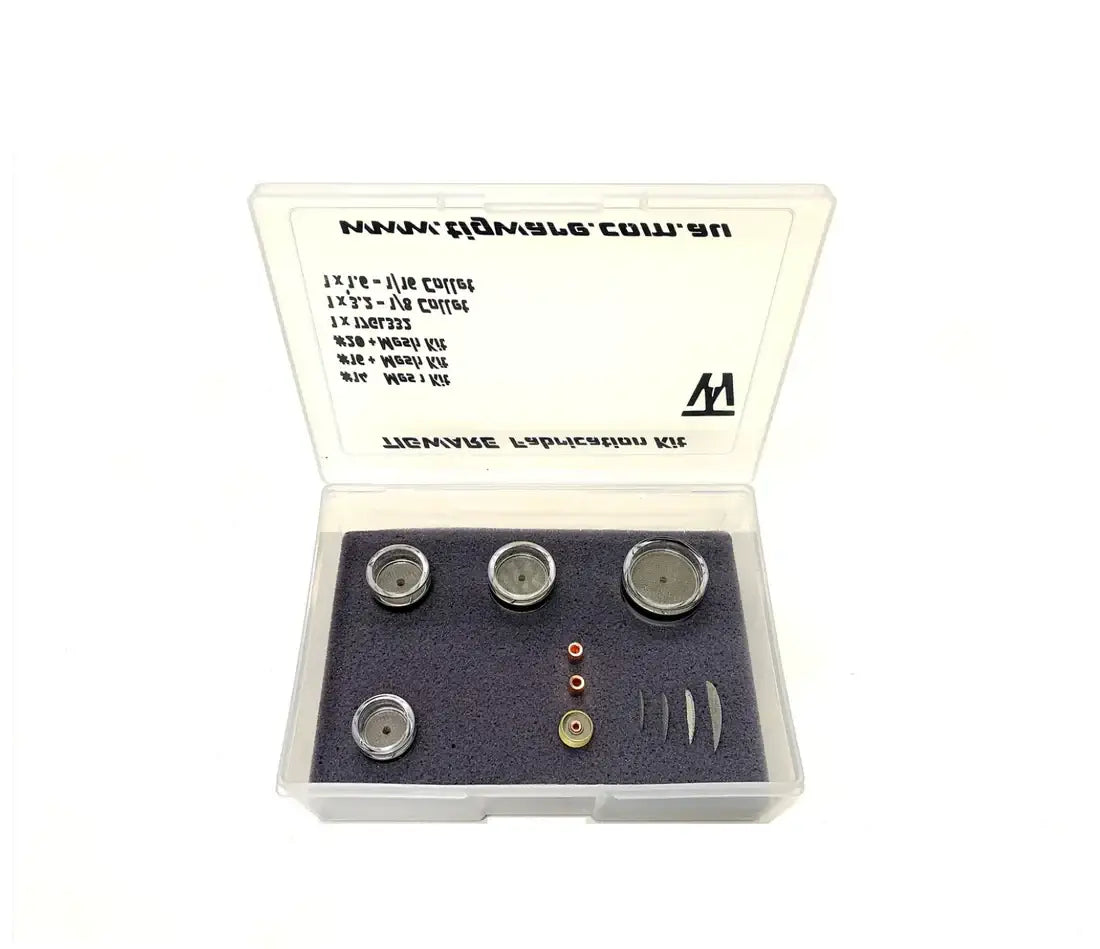 TIGWARE Quartz Boxed Kits in clear case, featuring quartz nozzles and components for welding applications.