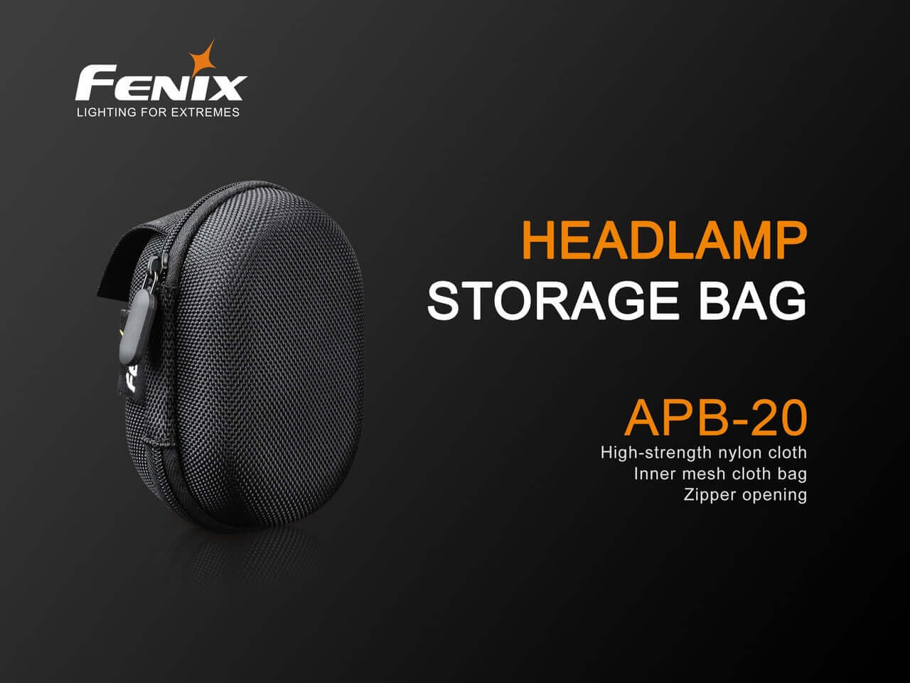 Fenix APB-20 headlamp storage bag features durable nylon cloth, inner mesh bag, and zipper opening for secure storage.