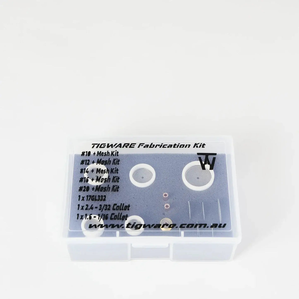 TIGWARE Teflon Boxed Kit containing mesh kits and collets for precise welding setup.