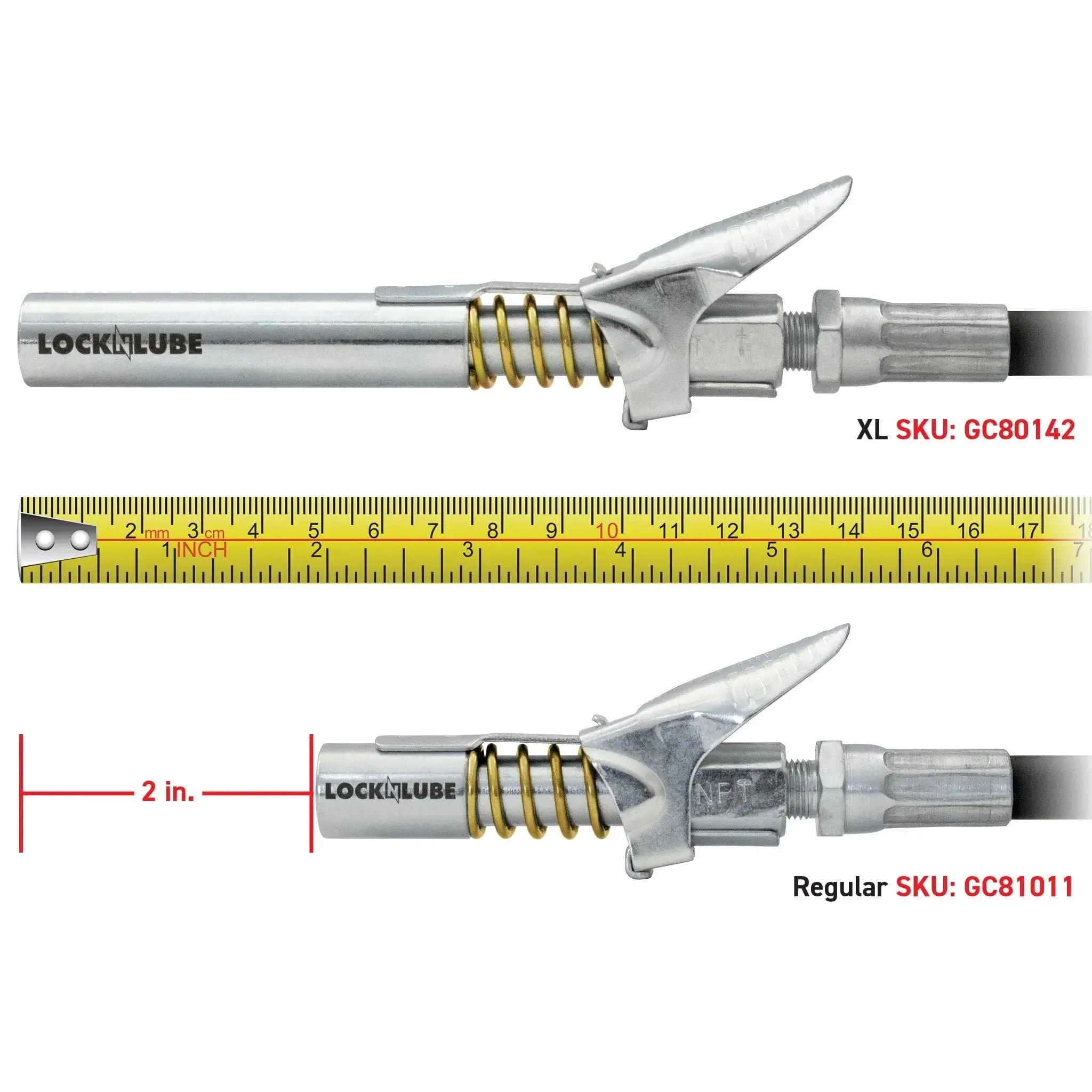 LockNLube® grease gun couplers comparison with measurement, featuring XL and Regular sizes for efficient greasing.