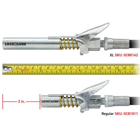 LockNLube® grease gun couplers comparison with measurement, featuring XL and Regular sizes for efficient greasing.