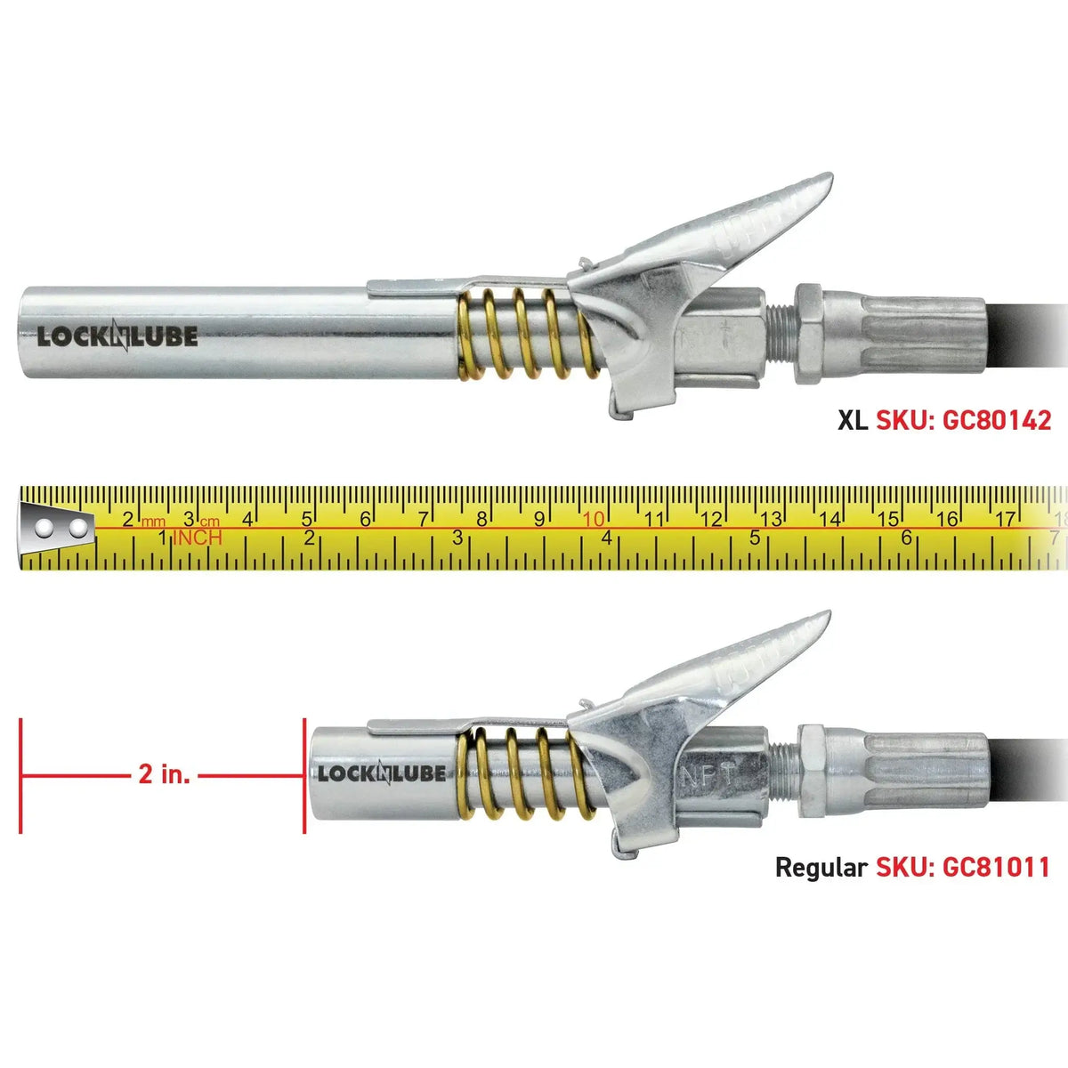 LockNLube® grease coupler comparison with 2-inch measurement label showing XL and regular versions, showcasing SKU details.