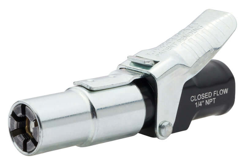 LOCKNFLATE® locking air chuck with six steel jaws, 1/4” NPT thread for secure hands-free connection on Schrader valves.