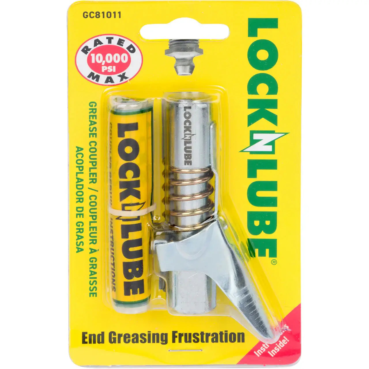 LOCKNLUBE® Grease Gun Coupler packaging showcasing its 10,000 PSI rating and features for easy greasing without leaks.