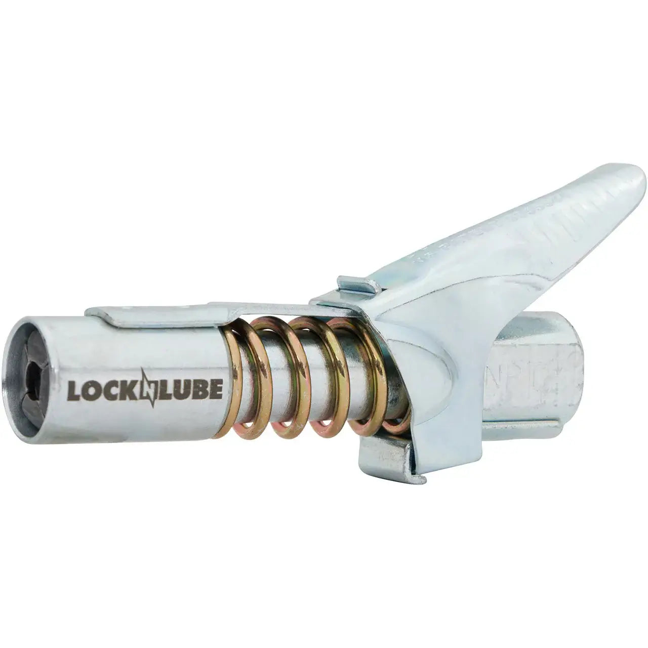 LOCKNLUBE® grease gun coupler with locking mechanism and spring for easy connection and leak prevention.