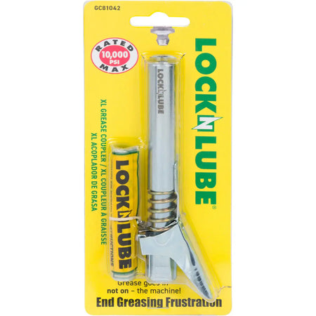 LockNLube® grease gun coupler packaging with text highlighting 10,000 PSI rating and message to end greasing frustration.