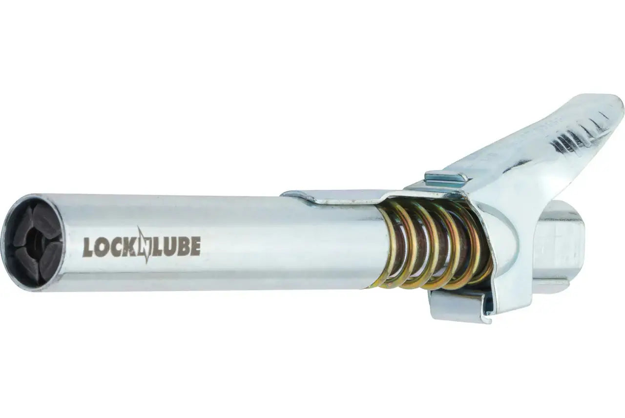 LockNLube® grease gun coupler designed for secure, leak-free greasing, compatible with all grease guns and Zerk fittings.