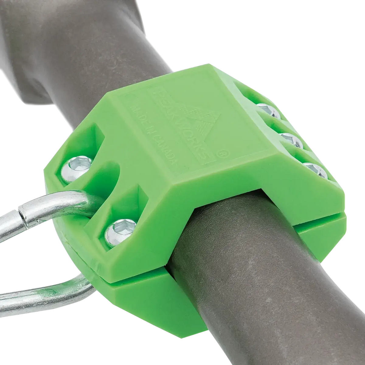 Green reusable clamp securing a round pipe, featuring rubber inserts for enhanced grip and adjustable sizing capabilities.