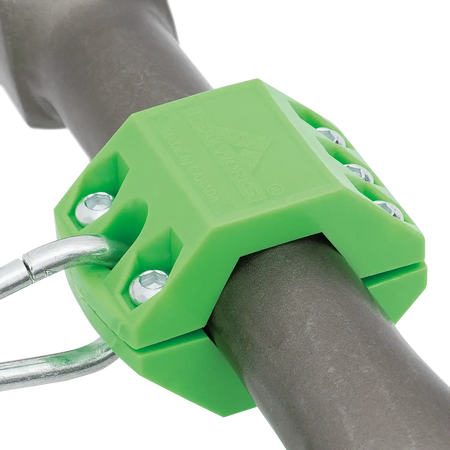 Green reusable clamp securing a round pipe, featuring rubber inserts for enhanced grip and adjustable sizing capabilities.