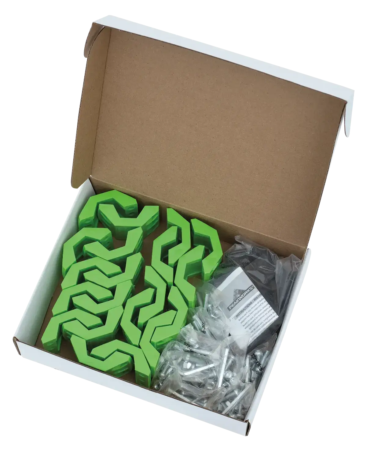 Green reusable clamps and hardware in a box, designed for secure fastening and cost-effective tool protection.