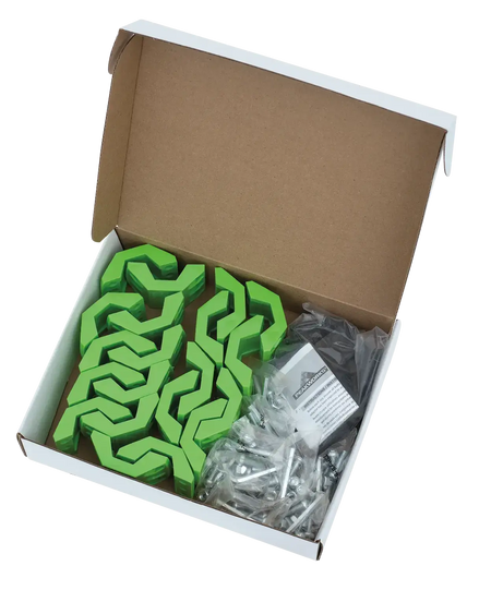 Green reusable clamps and hardware in a box, designed for secure fastening and cost-effective tool protection.