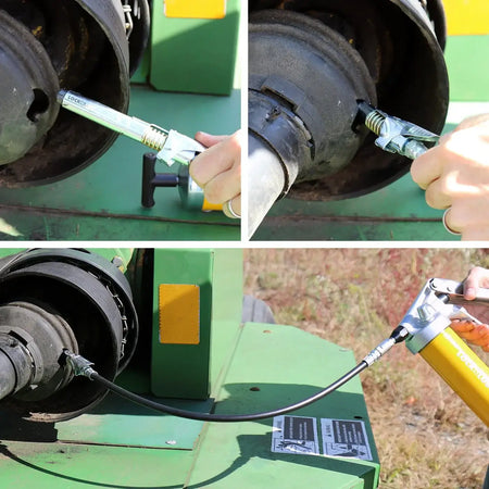 LockNLube® grease gun coupler in use, showcasing easy attachment and disconnection on Zerk fittings. Max PSI 10,000.