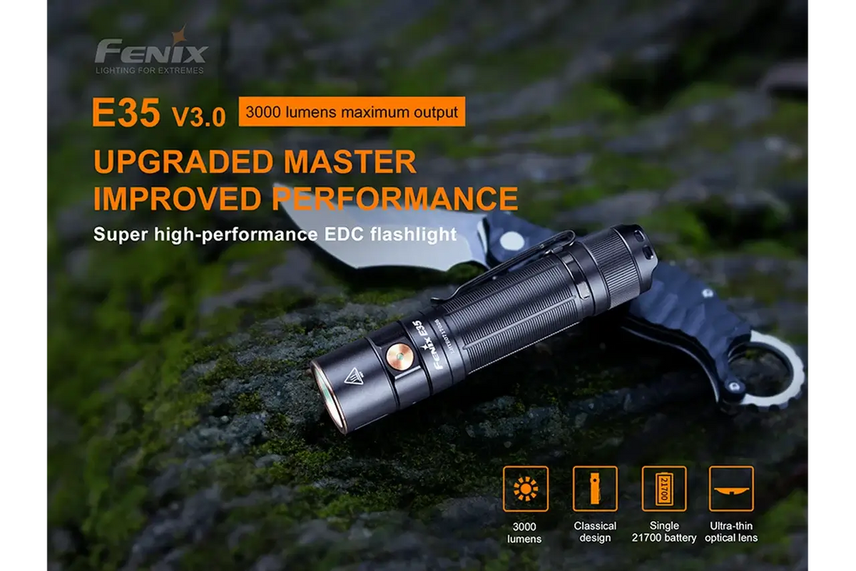 fenix e35 ultimate edition flashlight E35R Compact EDC Light* w/ FREE Mount Original Free Range The Fenix E35 v3 runs over an hour on turbo and 50 hours on eco mode on a single charge FENIX E35 Ultimate Edition Flashlight