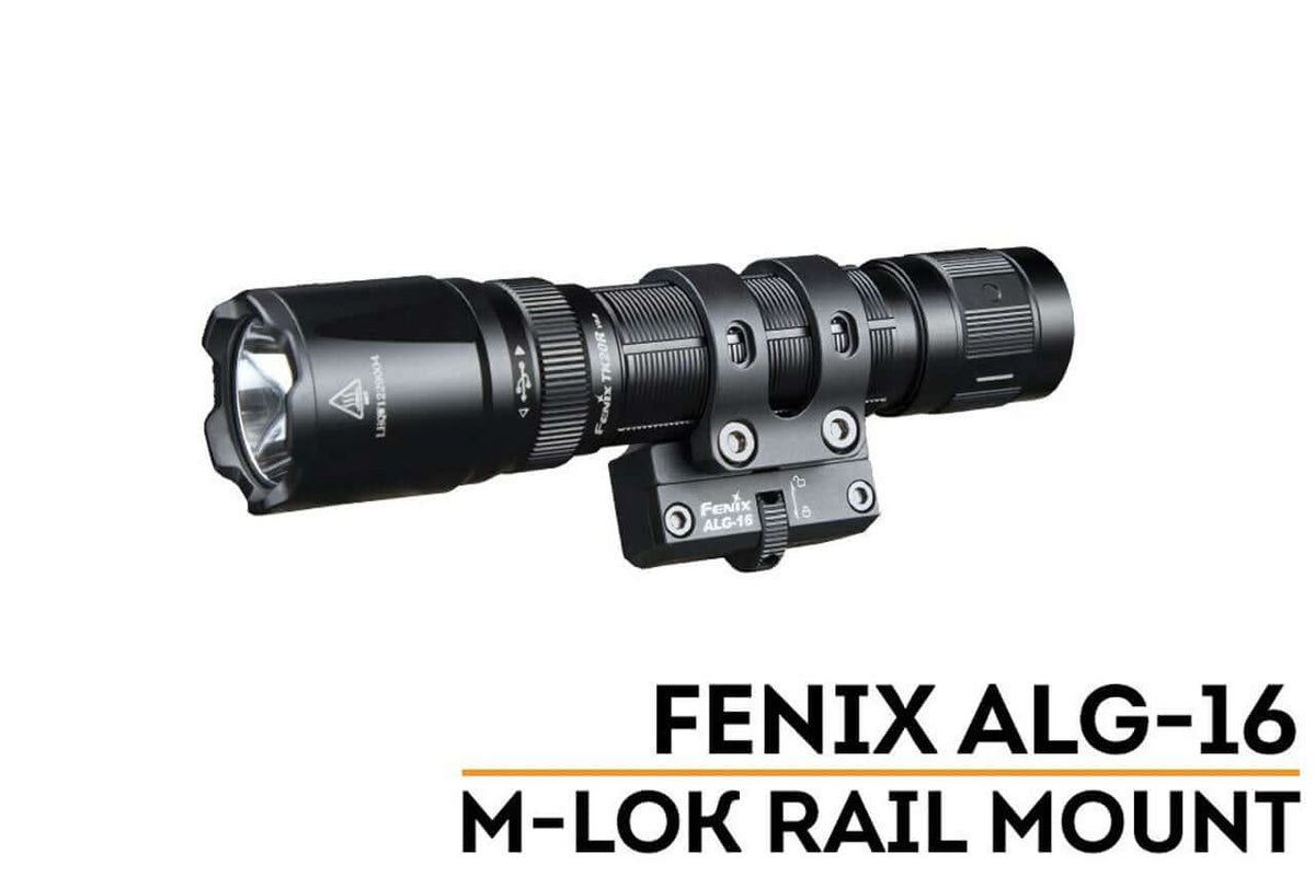 Fenix ALG-16 tactical light mounted on M-Lok rail, featuring quick release system for easy attachment and detachment.