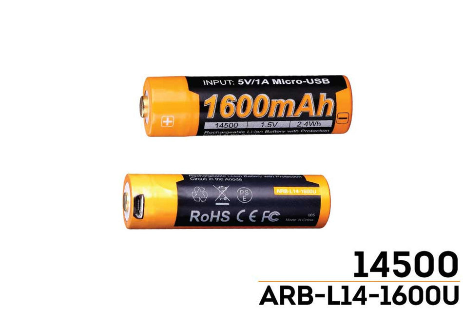 Fenix ARB-L14-1600U USB rechargeable 1600mAh 14500 battery with micro USB input for charging.