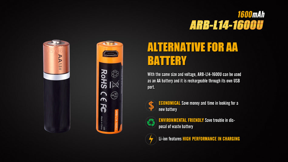 Fenix ARB-L14-1600U 1600mAh battery showcasing USB charging and features as an alternative for AA battery.