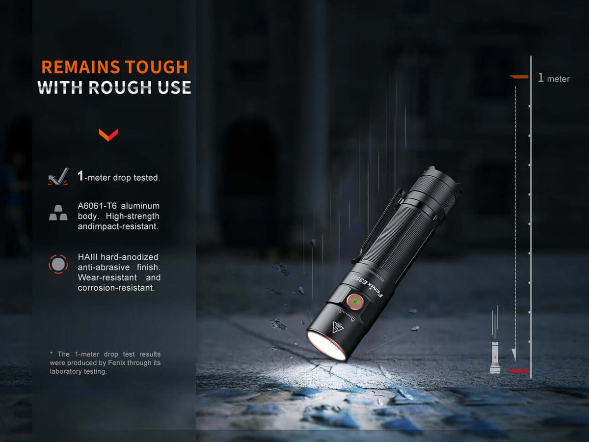 Fenix E35R flashlight displaying durability features, drop tested 1 meter, aluminum body, anti-abrasive finish.