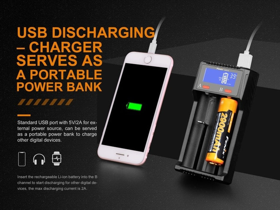 Fenix ARE-D2 charger discharging USB as power bank for charging devices with two batteries.