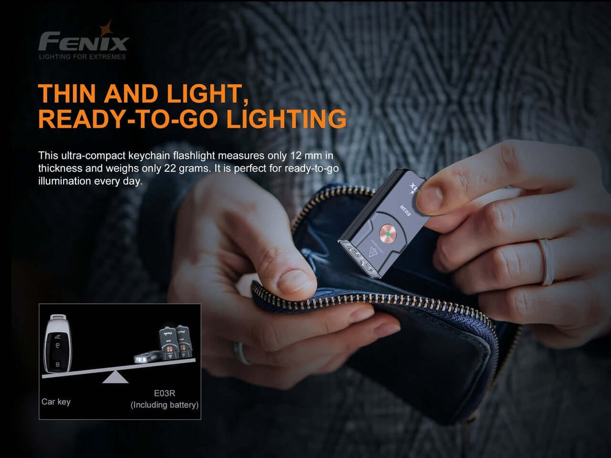 fenix e03r v2.0 keychain rechargeable flashlight Fenix e03r 260 lumen rechargeable edc keychain flashlight with auxiliary red light and lumentac usb-c charging Cable