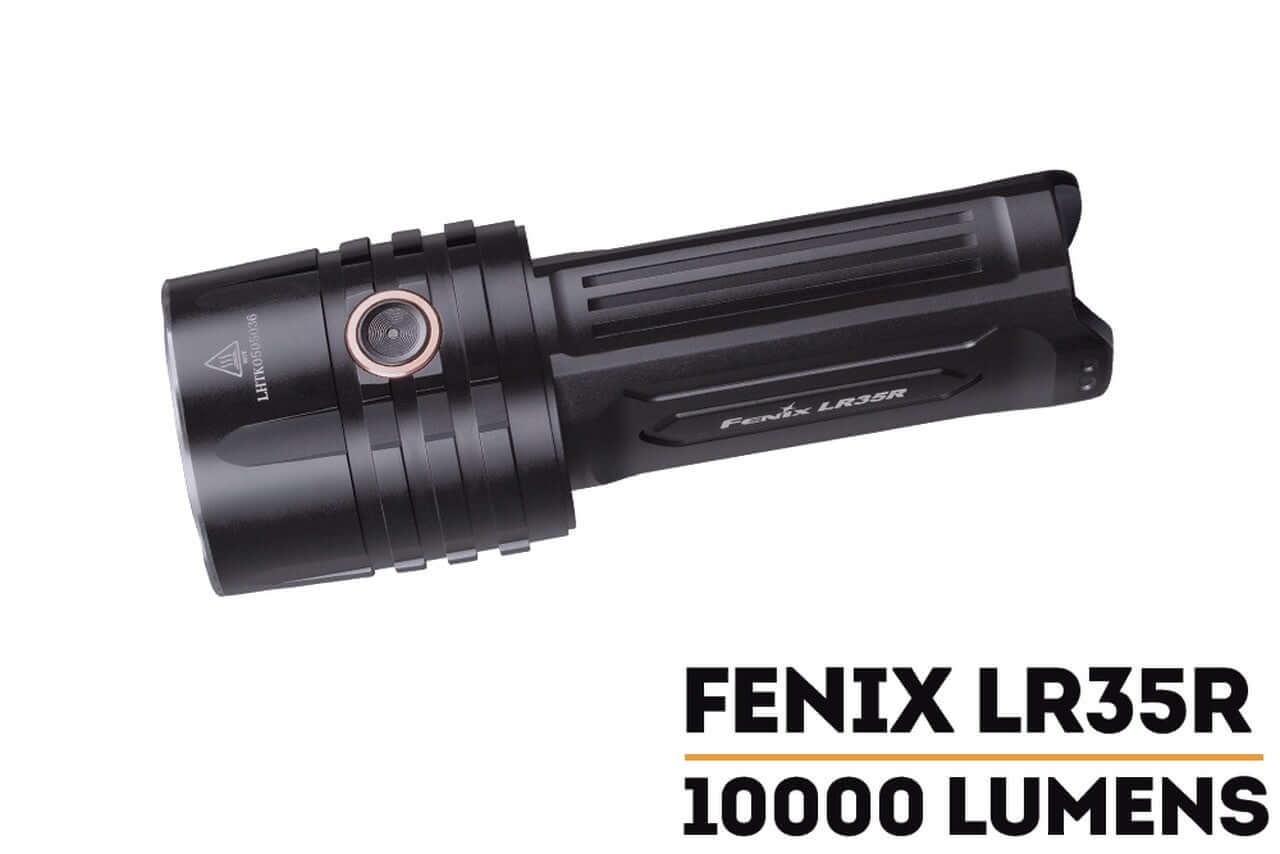 Fenix LR35R rechargeable flashlight with 10,000 lumens output, featuring USB Type-C charging and heavy-duty clip.