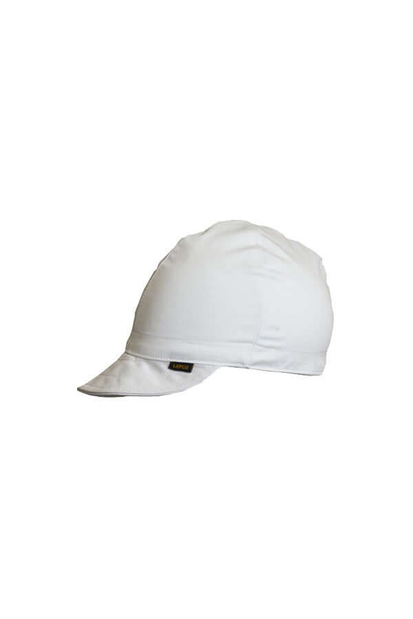 White 4-panel welding cap made of 100% cotton, reversible, high crown design, ideal for welders. Available in assorted sizes.