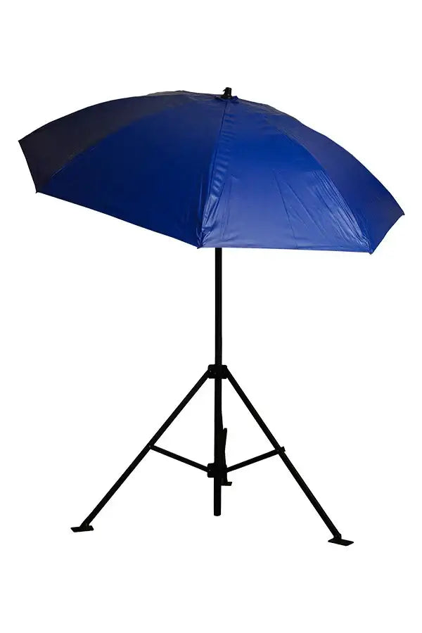 Heavy-duty blue umbrella on tripod stand, ideal for outdoor construction and welding work, featuring a sturdy aluminum frame.