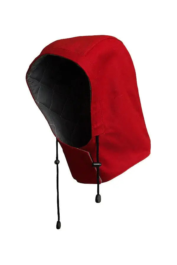 Insulated FR parka hood in red, featuring adjustable ties and a comfortable, removable design for winter wear.