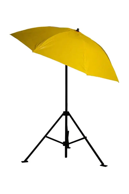 Heavy-duty yellow umbrella with black tripod stand, ideal for outdoor work and industrial use.