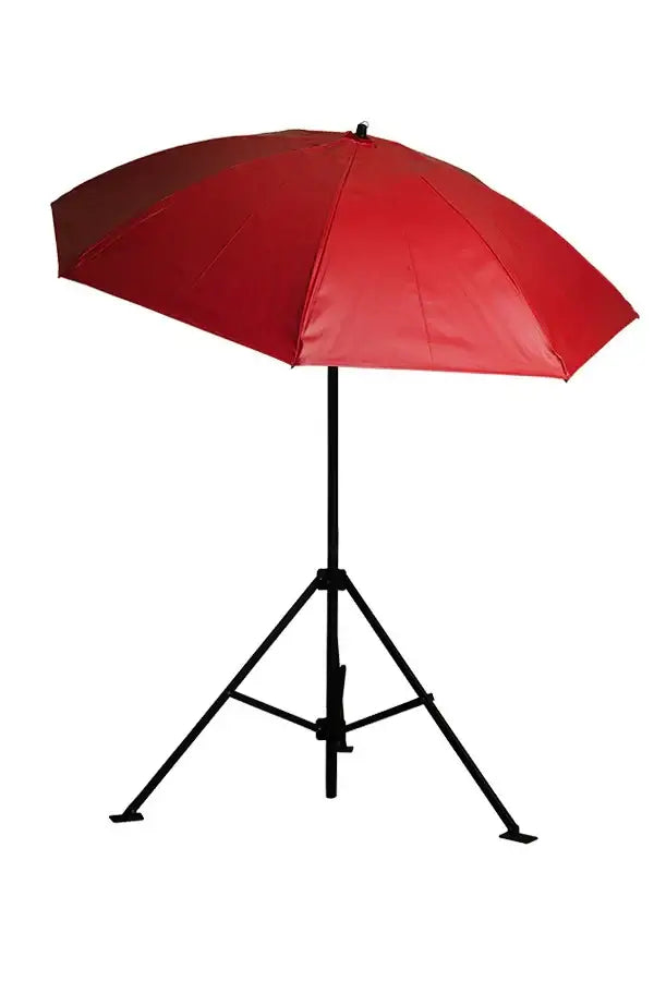 Heavy-duty red umbrella with black aluminum frame and tripod stand, ideal for outdoor work in welding and construction.