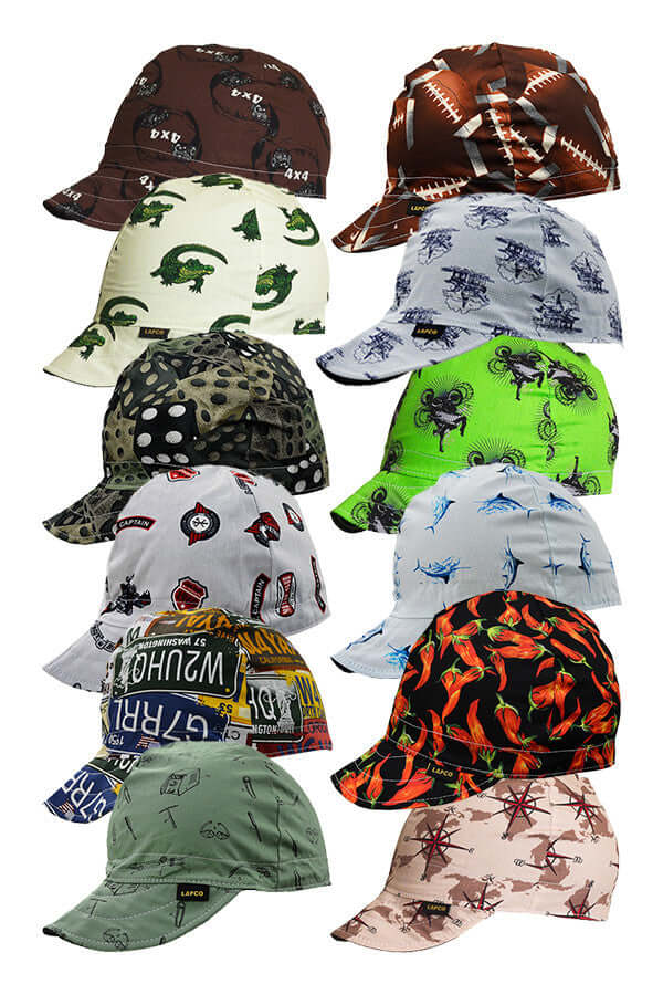 Assorted 4-panel welding caps in various patterns and colors, showcasing high-quality cotton material and reversible design.
