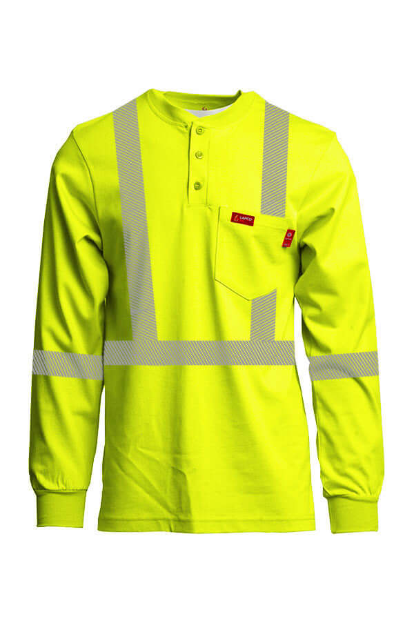 Hi-Viz flame-resistant henley shirt featuring reflective stripes and a chest pocket for enhanced visibility and safety.