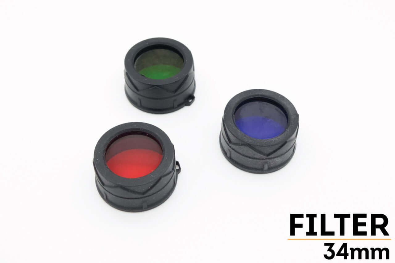 34mm color filters in red, green, and blue for specific flashlight models, enhancing lighting versatility.
