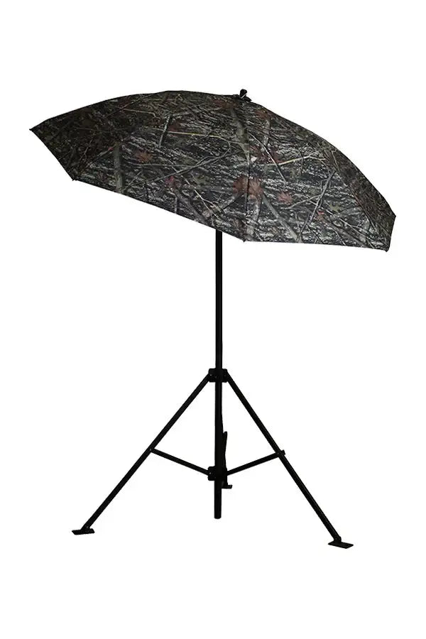 Heavy-duty camouflage work umbrella with black aluminum frame and tripod stand, ideal for outdoor work and shade.