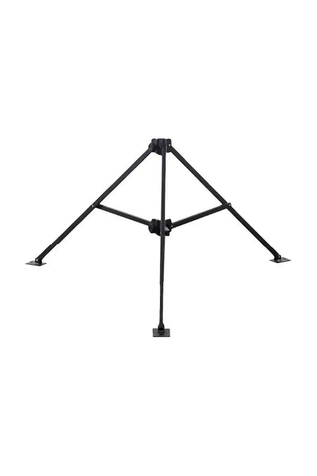 Heavy-duty tripod stand for umbrellas featuring a black powder-coated aluminum frame and extended legs.